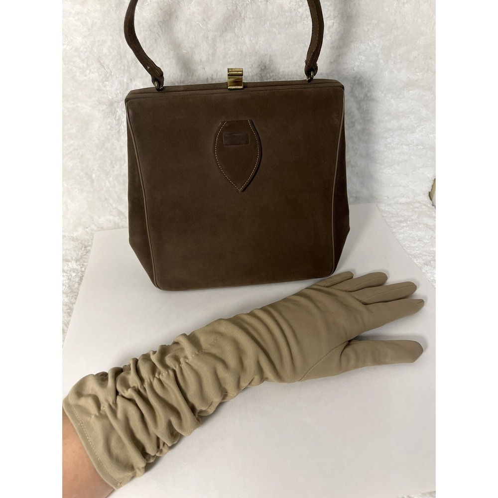 Vintage ParisStyle Brand Brown Box Purse Matching Gloves Mid Century Handbag Set